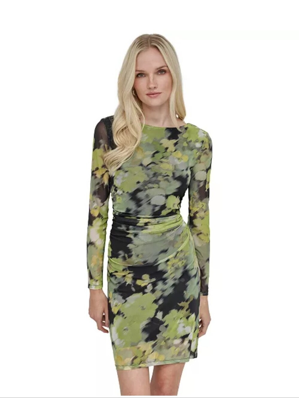 DKNY NWT Size 10P Green Floral Ruched Long Sleeve Mesh Midi Dress $129 - Picture 2 of 10